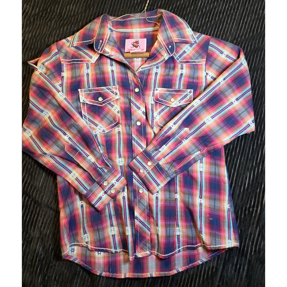 Wired Heart Womens Western Pearl Snap Shirt Pink Purple Plaid Embroidered Large